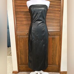 Faux Leather Black Strapless Midi Sheath Dress Size L
